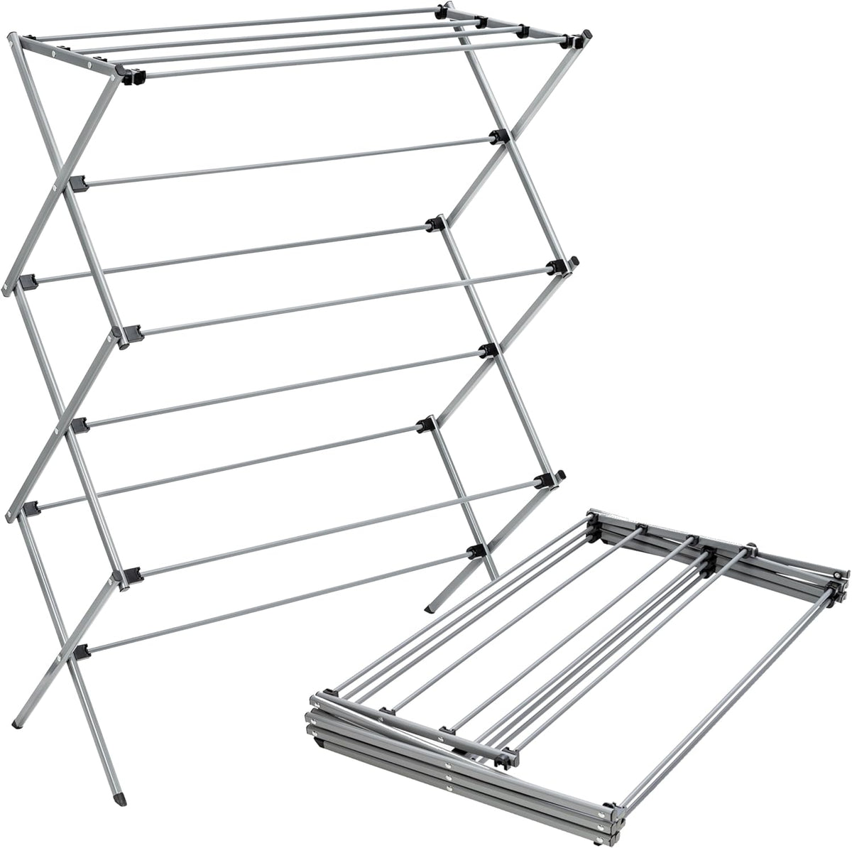 Silver alloy steel clothes airer opened out, 107cm tall