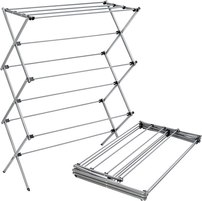 Silver alloy steel clothes airer opened out, 107cm tall