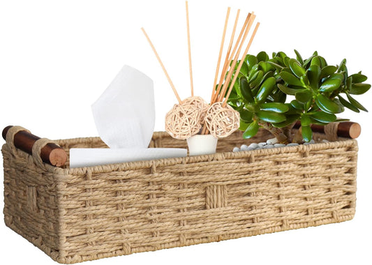 Round beige paper rope basket with a wooden handle