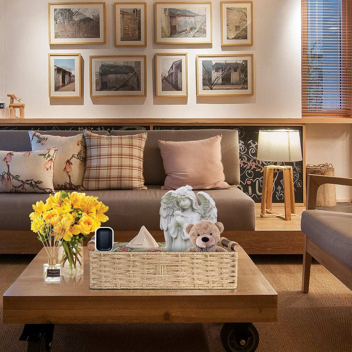 The basket beside a sofa