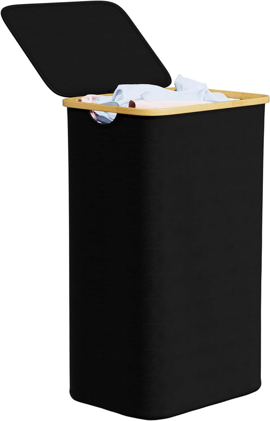 Tall black 110 litre laundry hamper with the lid closed