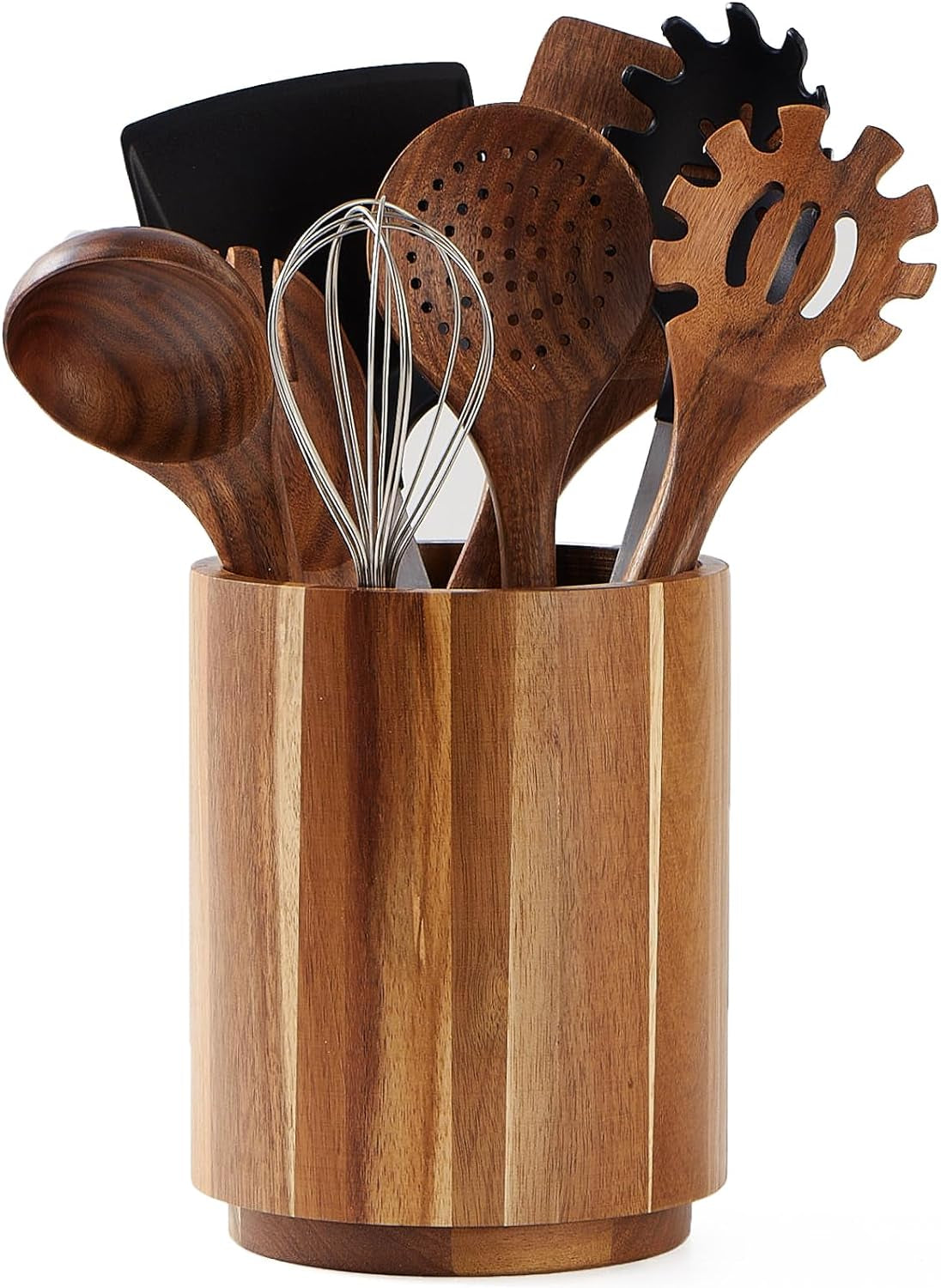 Acacia wood utensil holder on a kitchen worktop filled with tools