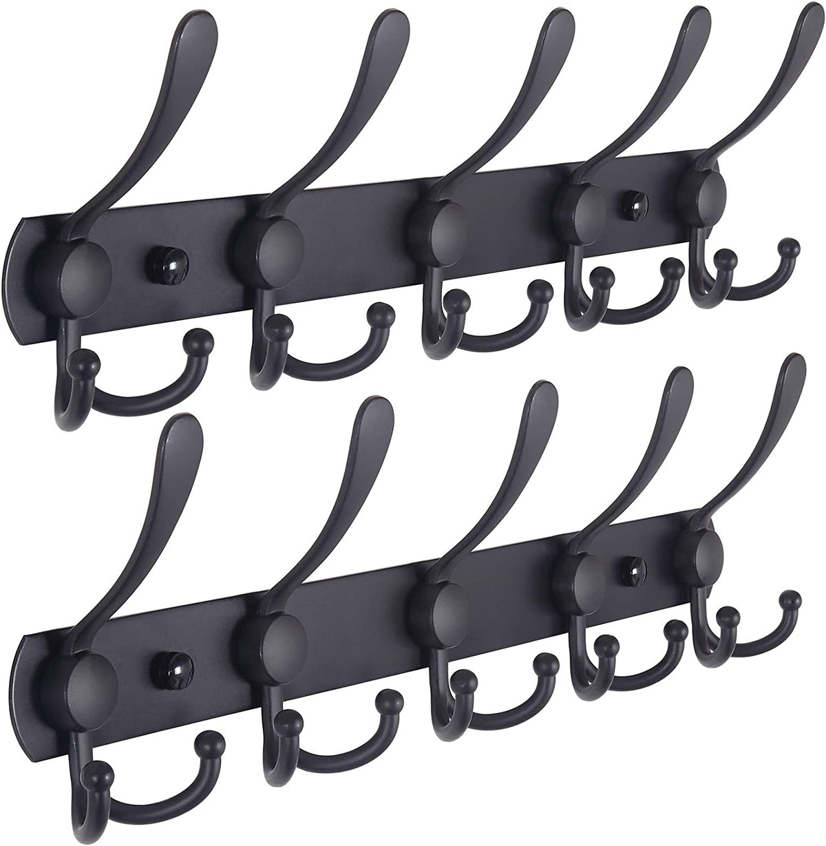 Black steel coat rack with five triple hooks mounted in a hallway
