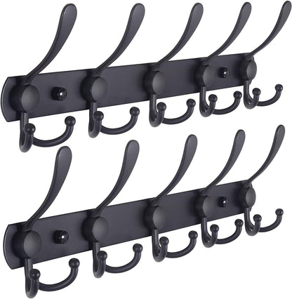 Black steel coat rack with five triple hooks mounted in a hallway