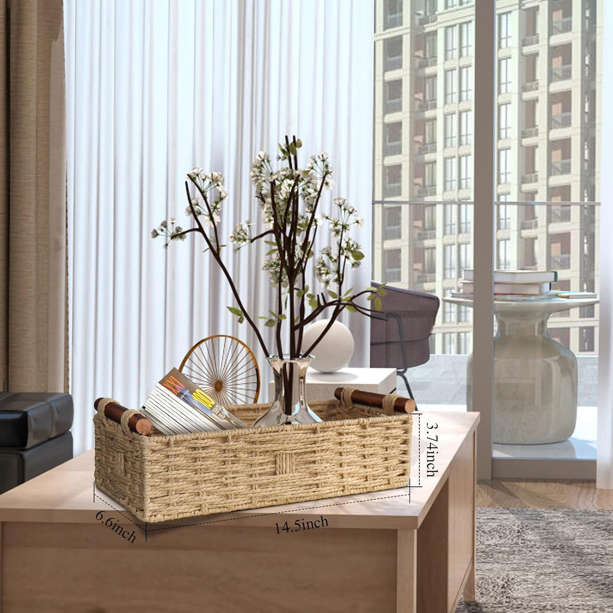 The basket holding folded throws in a living room corner