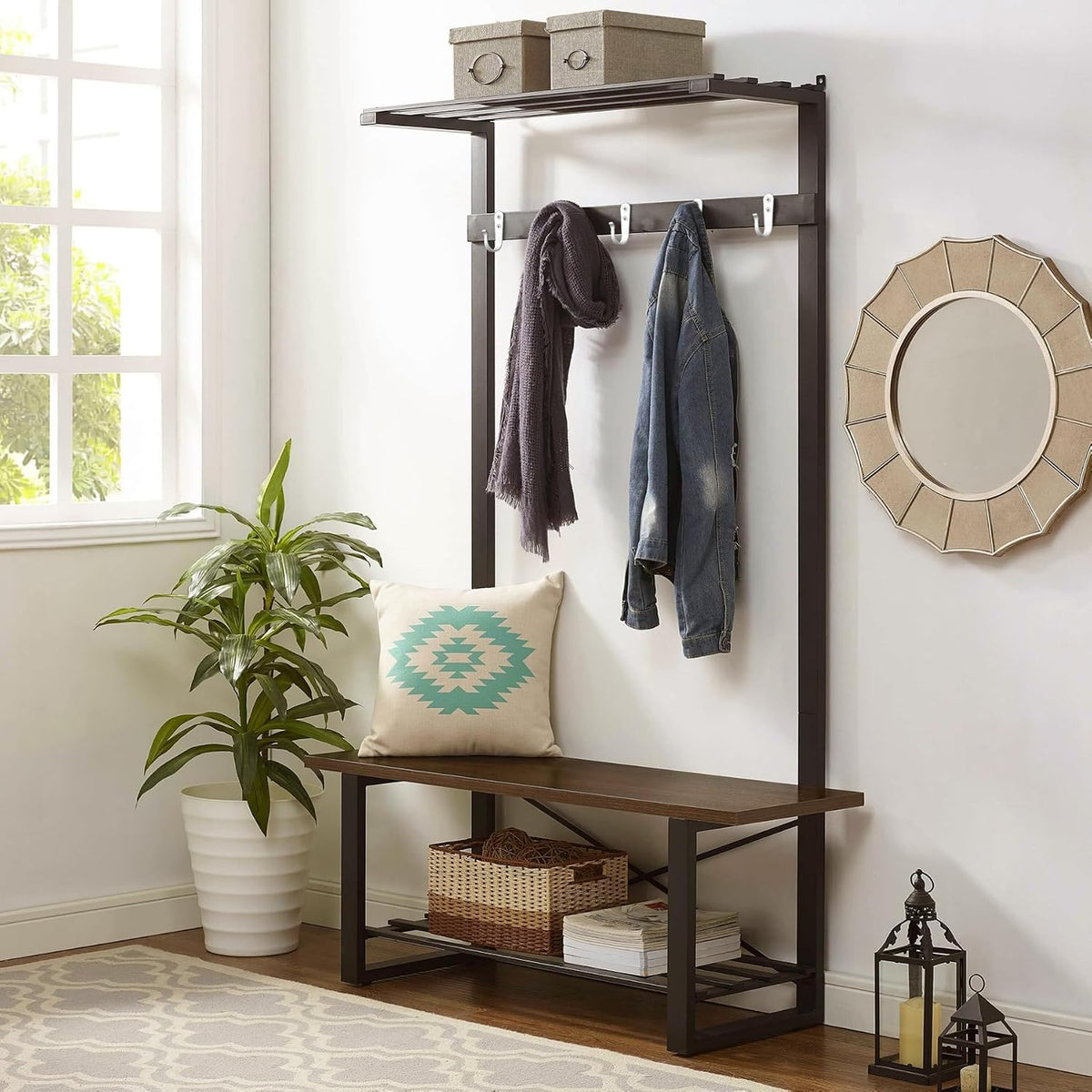 Hooks in a row along a utility room wall