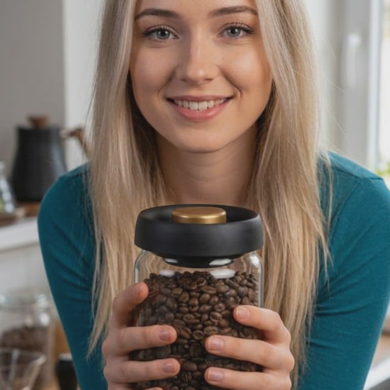 Short video: a thumb presses the brass button on top of the lid three times to pump the air out of the jar.