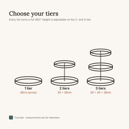Tuckvale size guide: 1 tier 26cm, 2 tiers 20 and 26cm, 3 tiers 20, 24 and 26cm across